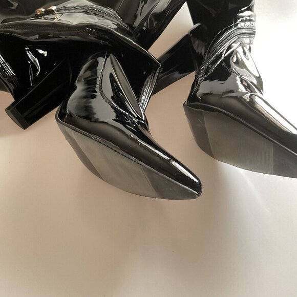 NEW WSKEISP HEELED OVER THE KNEE BOOTS PATENT LEATHER PU CHUNKY BLOCK HEEL (Flaw - Picture 10 of 16
